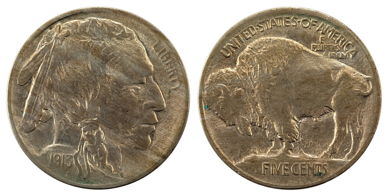 Both sides of a 1913 Type 1 Buffalo nickel with the raised-mound reverse