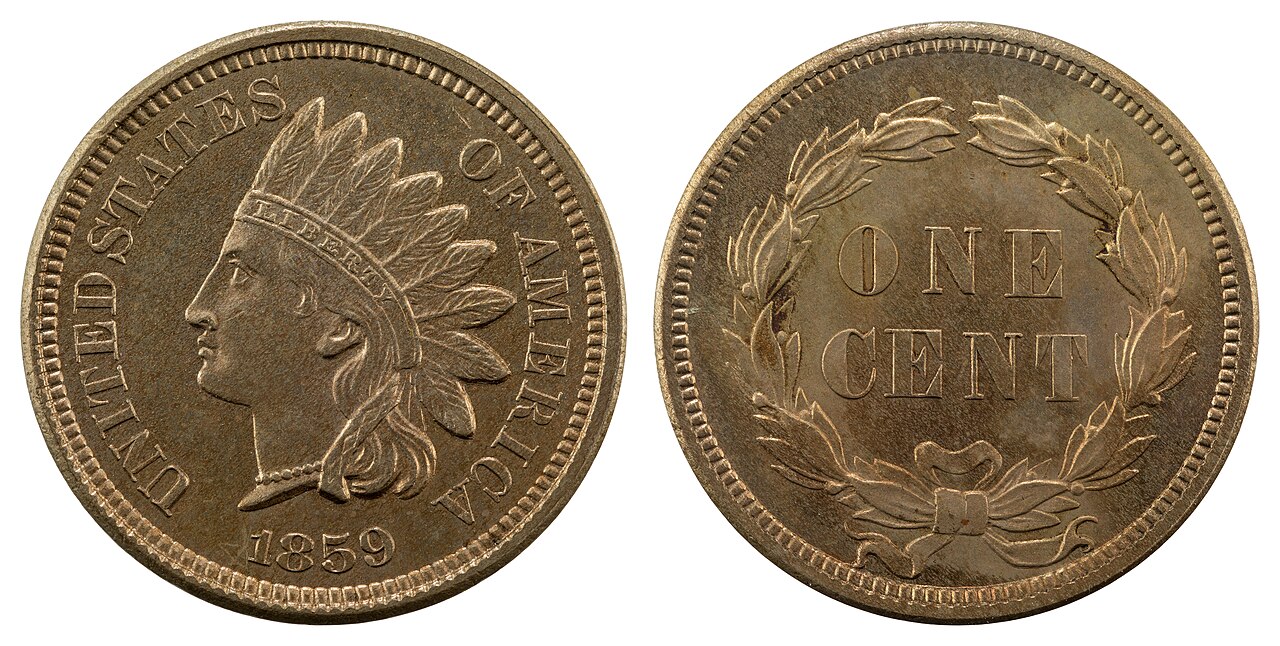 Both sides of an 1859 Indian Head cent with the laurel-wreath reverse