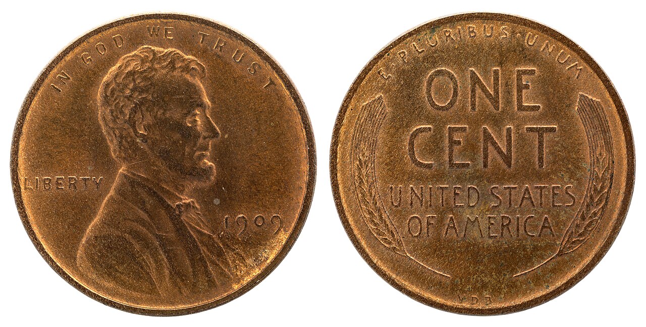 Both sides of a 1909 Lincoln cent with wheat ears on the reverse